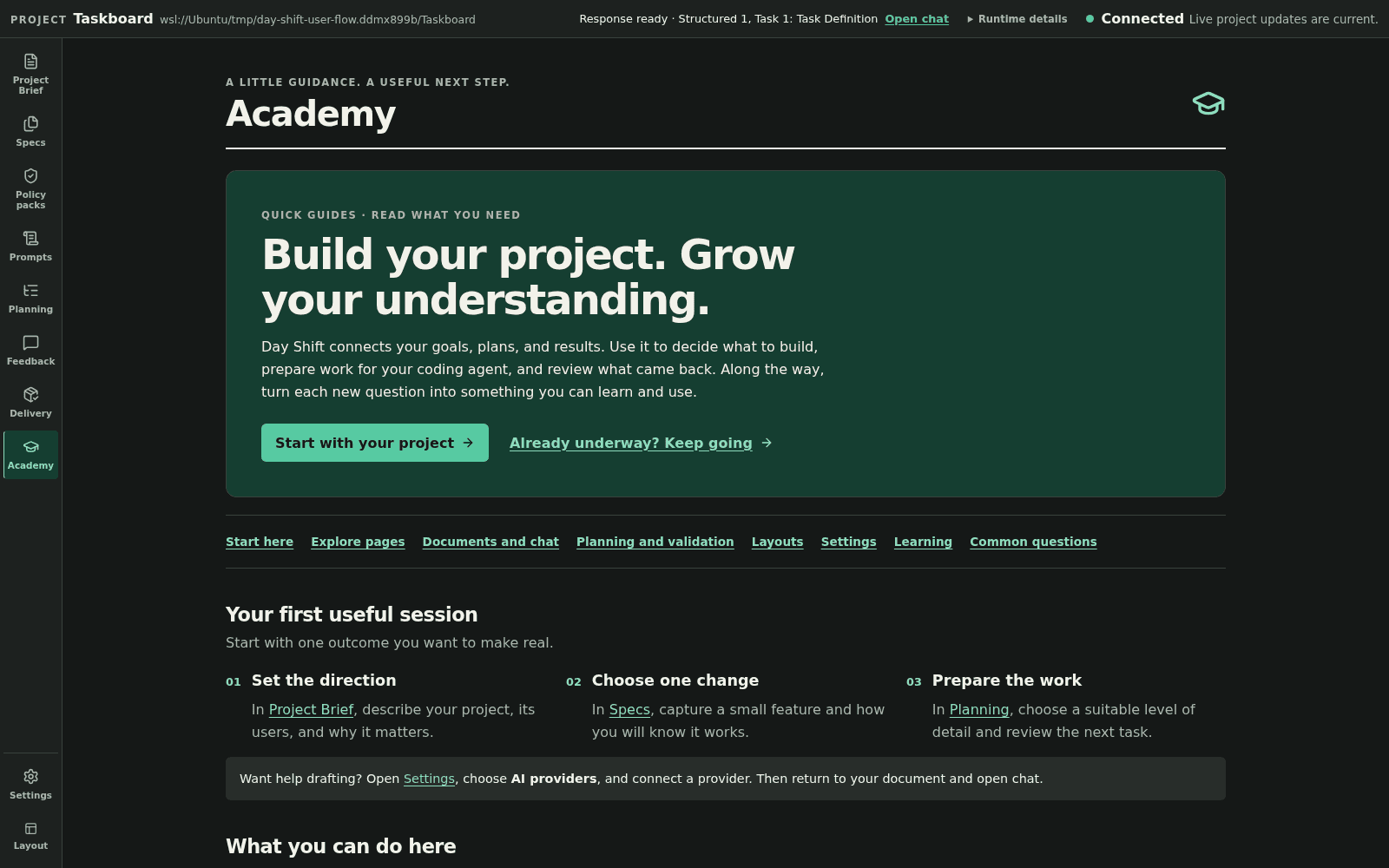 Day Shift Academy introducing Project Brief, Specs, and Planning as the first three steps.