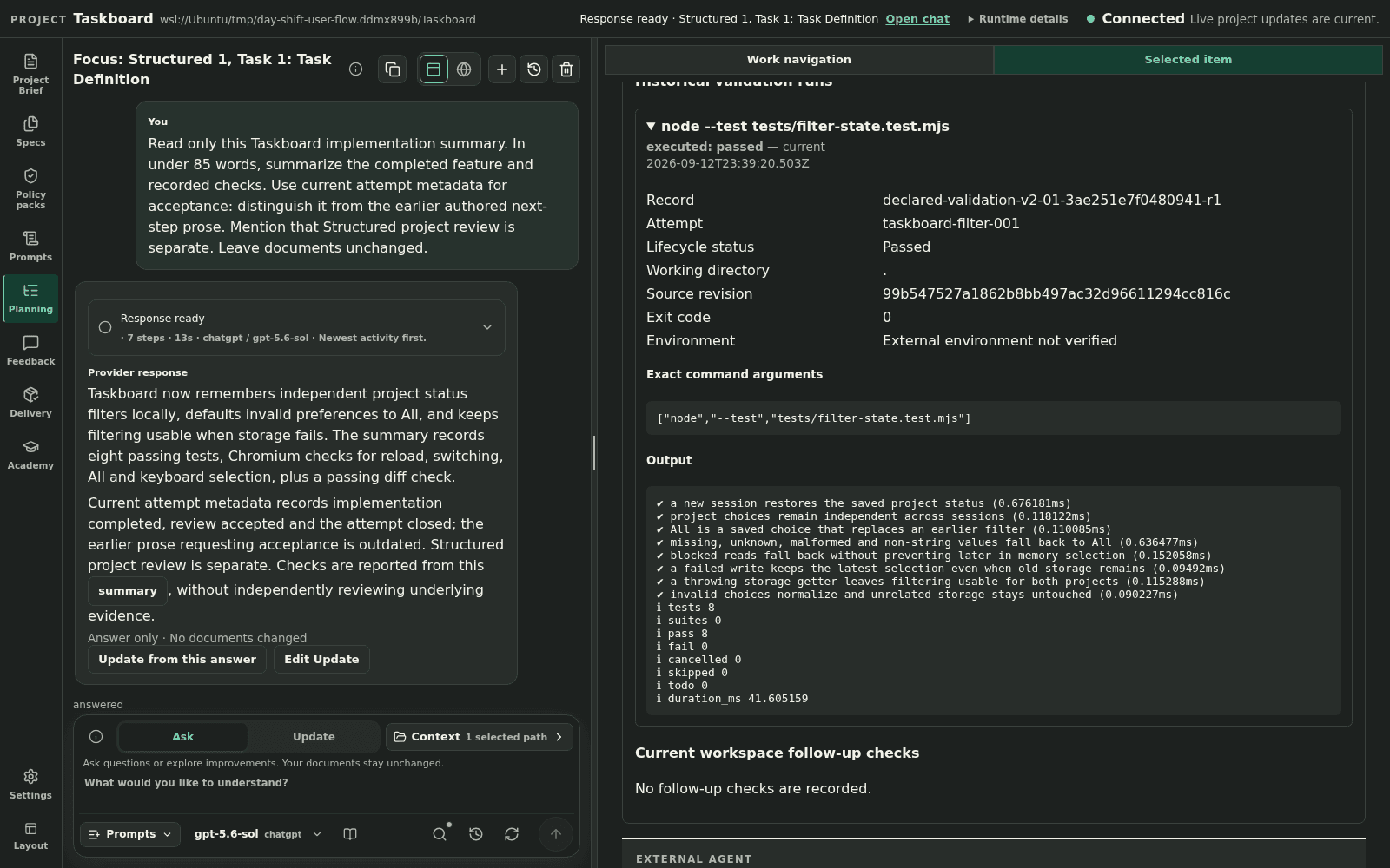 Taskboard validation record showing the executed Node test command, exit code zero, eight passed tests, and zero failures.