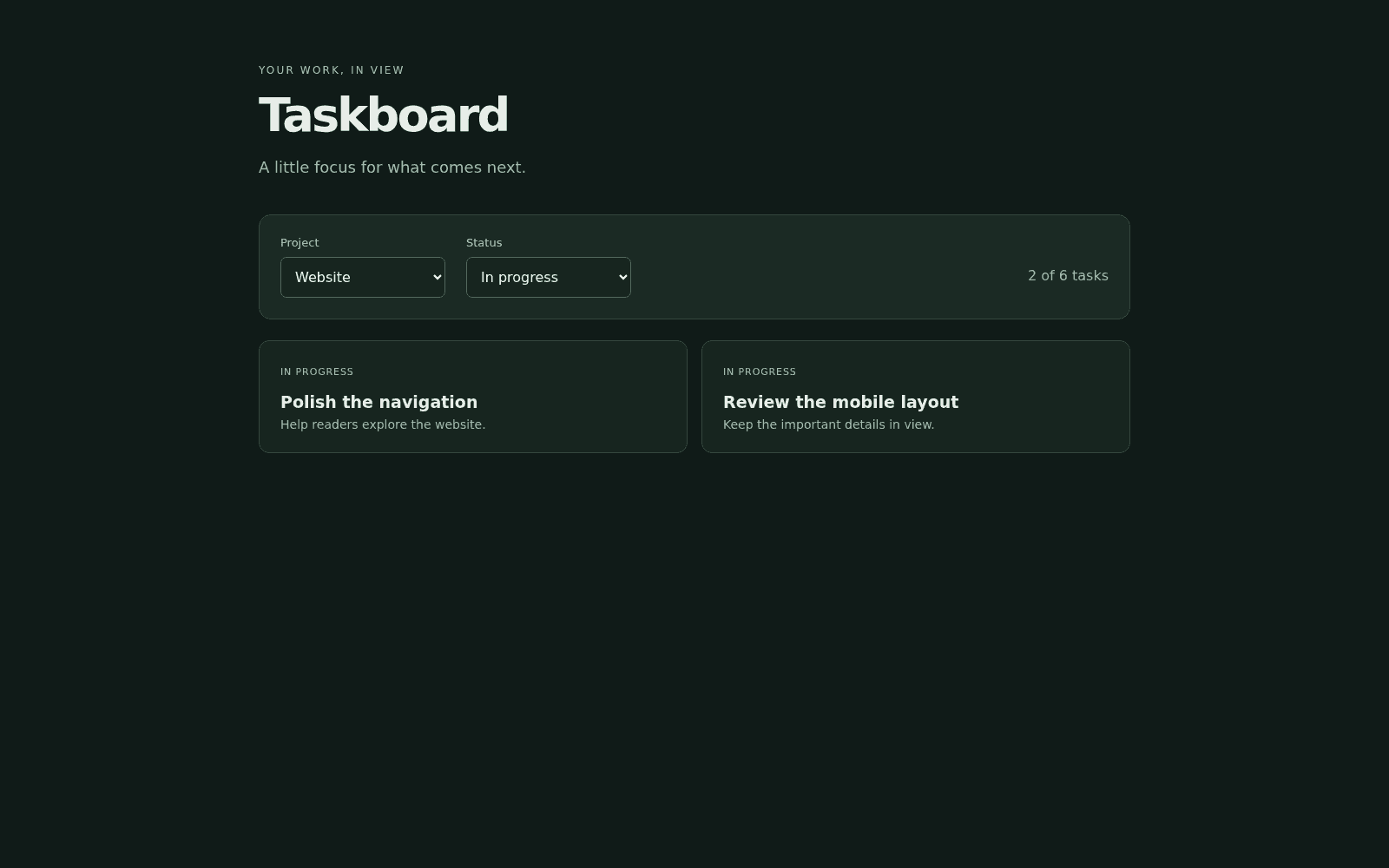 The Taskboard example app with Website selected, its restored In progress filter, and two matching tasks.